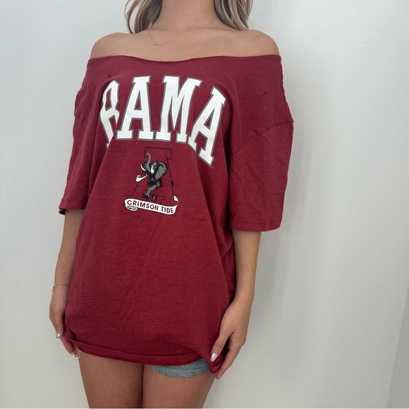 Bama Alabama Crimson Tide Destroyed off the shoulder T-Shirt - Picture 3 of 13